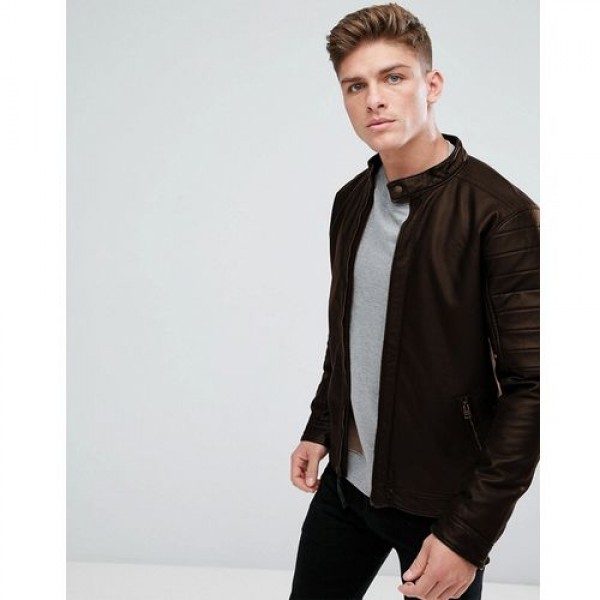 Dark Brown Highstreet Biker Style Faux Leather Jacket for Men